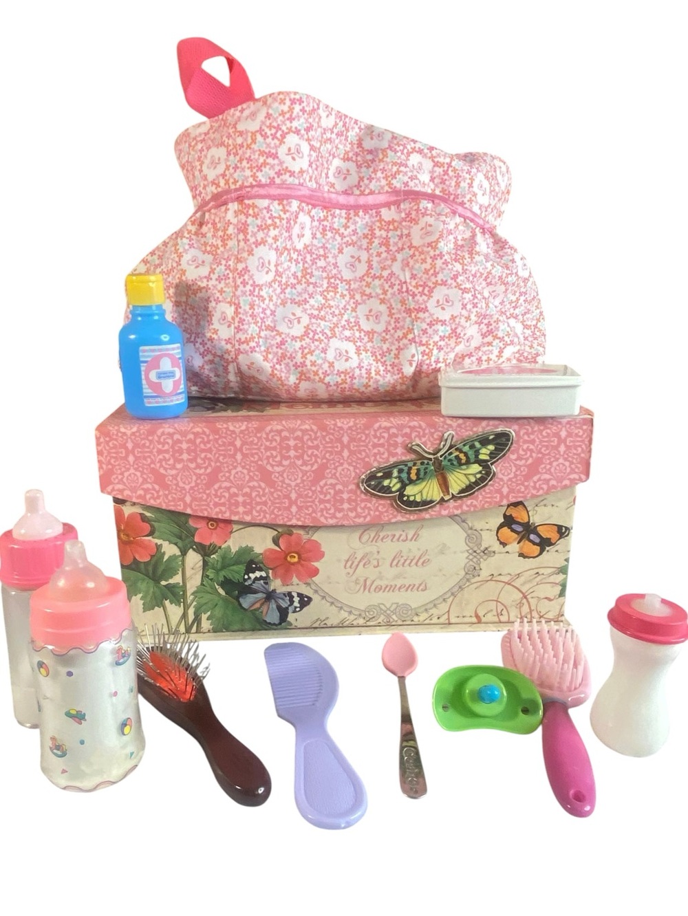 Bitty Baby Kids Pretend Play Set Baby Doll Accessories Bag Bottles Combs Brushes